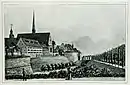 Universität („Paulinum“) und Paulinerkirche um 1800. Links hinten der Turm der Nikolaikirche.