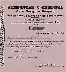 Aktie der Peninsular & Oriental Steam Navigation Company über 50 £, ausgestellt in London am 1. Juli 1845