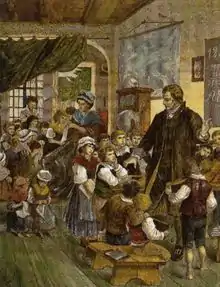 Johann Pestalozzi mit seiner Frau Anna beim Unterricht in der Erziehungsanstalt Neuhof