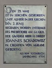 Gedenktafel für Johann Schadowitz in der Kirche von Wittichenau