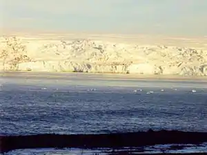 Blick vom Bulgarian Beach über die Bucht Emona Anchorage hinweg auf den Pimpirew-Gletscher