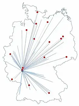 Netzwerk für simultane bundesweite schriftliche (Staats-)Prüfungen in Heilberufen (Medizin, Pharmazie, Psychotherapie): IMPP (blau), Landesprüfungsämter = LPÄ (rot), Prüfungsorte (grau) [Daten von 2018].