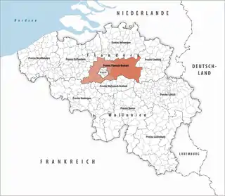 Lage der Provinz Flämisch-Brabant innerhalb Belgiens hervorgehoben