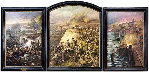 Triptychon von Elmar von Eschwege aus dem Jahre 1915. Es stellt die Eroberung Belgrads durch das Reserve-Infanterie-Regiment Nr. 208 dar.