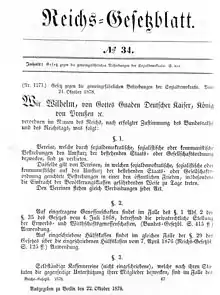 Reichsgesetzblatt mit dem Gesetz gegen die gemeingefährlichen Bestrebungen der Sozialdemokratie