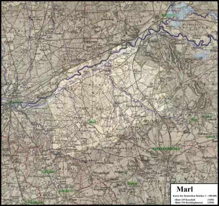 Karte des Deutschen Reiches 1 : 100.000 des heutigen Marler Gebietes Ende des 19. Jahrhunderts;größere Teile der ehemaligen Gemeinde Recklinghausen-Land kamen erst 1926 zum Stadtgebiet, Polsum und die inzwischen an Marl herangewachsene Westhälfte von Hamm erst 1975