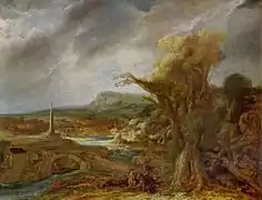 Govaert Flinck (früher Rembrandt zugeschrieben): Landschaft mit einem Obelisk (1638)