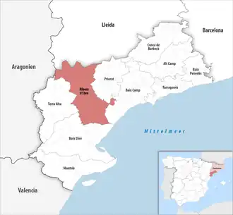 Die Lage der Comarca Ribera d’Ebre in der Provinz Tarragona