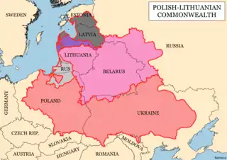 Graphische Landkarte des Territoriums. Baltische Staaten, Weißrussland, Polen und Ukraine sind farblich markiert. In der oberen rechten Ecke steht in einem Kasten Polish-Lithuanian Commonwealth.