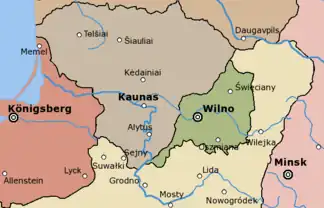 Grafische Karte von Litauen mit vier Regionen und den drei zentralen Orten Königsberg, Kaunas und Wilno.