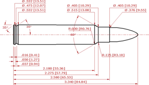 technische Zeichnung der Patrone; Bemaßung in Zoll (mm)