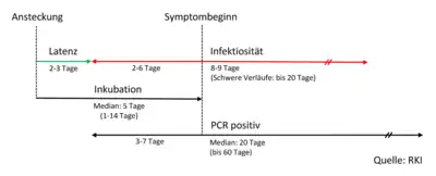 Grafik mit den Zeitpunkten und der Dauer von Inkubation, Infektiosität und positivem PCR