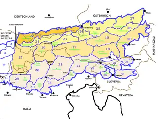 Die Bayerischen Alpen (Abschnitt 22, orange) nach SOIUSAinnerhalb der Ostalpen;farblich unterschieden auch die Sektoren der nördlichen, zentralen und südlichen Ostalpen