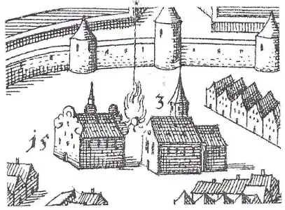 Stadtplan von G. W. Kleinsträtl.Links Zeughaus (Nr. 15). Rechts Kilianskapelle (Nr. 3, erb. 1391). Während der schwedischen Belagerung 1647