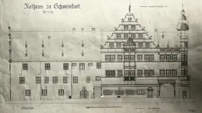 Rathaus Ostansichtvom Stadtbauamt 1911verdeckt durch Bürgerhäuserder Brückenstraße