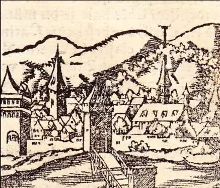 Einzige bekannte Ansicht vor dem „Zweiten Stadtverderben“ (Zweiter Markgrafenkrieg 1554),von Süden mit Mainbrücke und Brückentor, links Fischertor und rechts St. Johannes. Dahinter Schweinfurter Rhön (überhöht dargestellt).Cosmographia von Sebastian Münster 1550