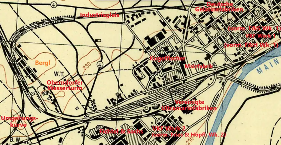 Die Gemarkung Oberndorf überdeckt die weitaus größte Fläche des Stadtplan-Ausschnitts,nur der obere, rechte Bereich gehört zur Gemarkung Schweinfurt.Der Altort Oberndorf liegt 500 m südsüdöstlich des Gleisdreiecks der unteren, linken Ecke.Zu beiden Werken von Fries & Höpflinger sind keine offiziellen Bezeichnungen bekannt (hier Wk. 1 und 2)