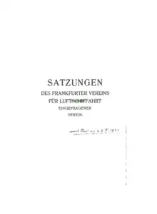 Originale Satzung des Frankfurter Vereins für Luftfahrt