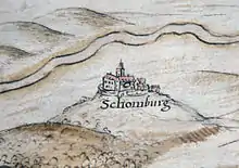 Darstellung der Schaumburg mit Weser um ca. 1590 für die Prozesse zur Hildesheimer Stiftsfehde, Zeichnung von Johannes Krabbe von 1591