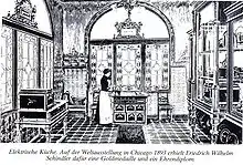 Für die Vorstellung der ersten vollelektrischen Küche auf der Weltausstellung in Chicago im Jahr 1893 erhielt Schindler eine Goldmedaille und ein Ehrendiplom.