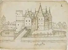 Schloss Haslangkreit im 16. Jahrhundert, Zeichnung von Philipp Apian -  Das Schloss vor seiner Barockisierung