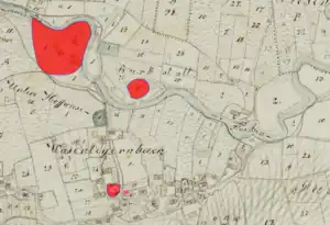 Lageplan von Schloss (oben links) und Burgstall Wasentegernbach (Mitte rechts) auf dem Urkataster von Bayern