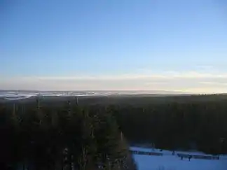 Blick vom Weißen Stein im Zitterwald südwärts zur Schneifel mitTürmen von Prüm Air Station und Sender Schnee-Eifel