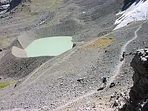 Der Teton Crest Trail mit dem Schoolroom Glacier (rechts oben) und dem entstandenen Karsee (links)