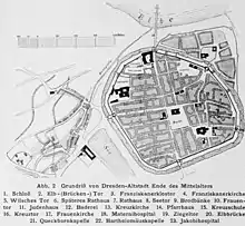 Lages der Kreuzschule (Nr. 15) auf einem Stadtplan von Dresden Ende des Mittelalters