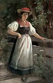 Schwarzwälderin in Gutacher Tracht mit Bollenhut, Gemälde von Rudolf Epp, um 1900