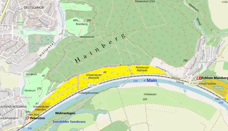 Schweinfurter Mainbogen mit Hainberg und Höllental im Westen;hellgrün: Weinberge in historischer Zeit (am Westhang des Hainbergs);gelb: Weinberge bis Mitte des 20. Jh.; ocker: heutige Weinberge;AT=Aussichtsturm,  AK=Aussichtskanzel, Whs=Ausflugslokal (Wirtshaus)