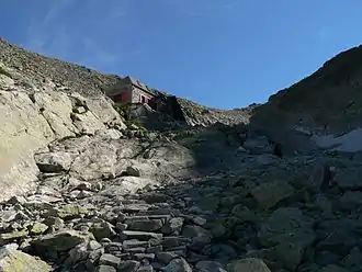 Der westliche Fuß des Sattels mit der Hütte Chata pod Rysmi