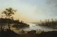 Die Elbe bei Serkowitz. Bild von Johann Alexander Thiele von 1750. In den beiden links sichtbaren Dächern werden die beiden wichtigsten Gebäude Serkowitz’ vermutet, links der Gasthof und weiter rechts die Mühle.