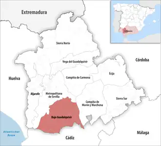 Die Lage der Comarca Bajo Guadalquivir in der Provinz Sevilla