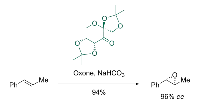 Beispiel für eine Shi-Epoxidierung mit einem Shi-Katalysator auf Basis von ᴅ-Fructose. Das Alken wird stereoselektiv und mit hohem Enantiomerenüberschuss in das Epoxid überführt