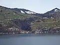 Das Dorf Gunten am Thunersee mit der bewaldeten Guntebachschlucht