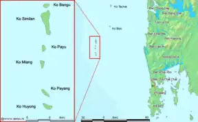 Karte der Provinz Pangnga mit dem Gebiet des Mu Ko Similan Nationalparks und den Similan-Inseln (Ausschnitt)