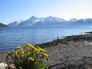 Blick vom Skulsfjord in den Kaldfjord; im Hintergrund die Berge am Westufer des Kaldfjords