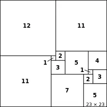 13 Quadrate meist unterschiedlicher Größe (einige kommen doppelt vor) fügen sich lückenlos zu einem großen Quadrat zusammen.