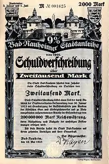 Schuldverschreibung über 2000 Mark der Stadt Bad Nauheim vom 10. Mai 1923 mit Abbildung vom Sprudelhof