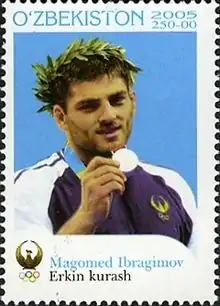 Magomed Ibragimow, Silber 2004, auf einer usbekischen Briefmarke von 2005