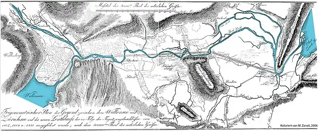 Der Biberlichopf auf einer Karte von 1811 vor der Linthkorrektion (beim Zusammenfluss von Linth und Maag)