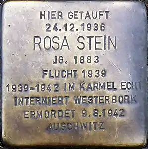 Stolperstein in der Werthmannstraße vor dem St. Elisabeth-Krankenhaus Köln-Hohenlind (2015)