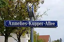 Blaues Straßenschild mit weißem Schriftzug Annelies-Kupper-Allee