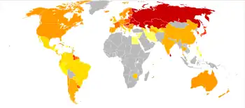 Suizide pro 100.000 Männer (links) bzw. Frauen (rechts) pro Jahr (Datengrundlage 1978–2008).
﻿< 1
﻿1–5
﻿5–5,8
﻿5,8–8,5
﻿8,5–12
﻿12–19
﻿19–22,5
﻿22,5–26
﻿26–29,5
﻿29,5–33
﻿33–36,5
﻿>36,5