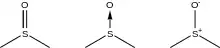 Verschiedene gebräuchliche Darstellungen der S,O-Bindung in Sulfoxiden: Doppelbindung, koordinative Bindung, Einfachbindung mit Formalladung.