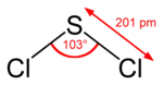 Strukturformel von Schwefeldichlorid mit Bindungswinkel und -länge