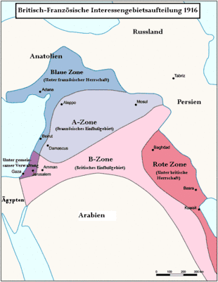 Aufteilung des Nahen Ostens in Einflusszonen im Sykes-Picot-Abkommen