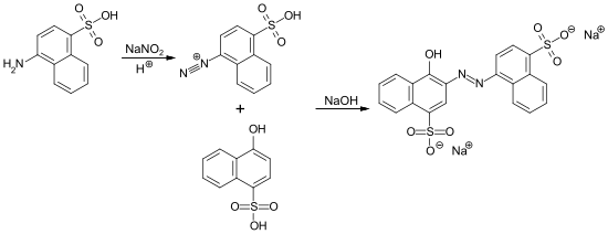 Synthese von Azorubin aus 4-Aminonaphthalin-1-sulfonsäure und 4-Hydroxynaphthalin-1-sulfonsäure