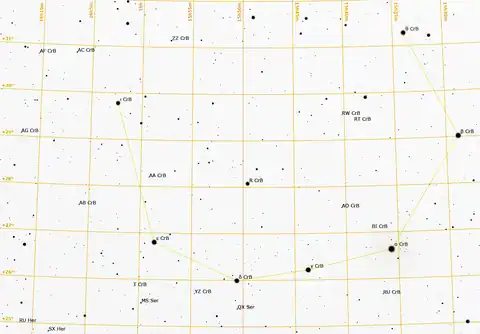 T Coronae Borealis (T CrB) kann wie folgt aufgesucht werden:die Hälfte der Länge der Verbindungslinie von δ CrB nach ε CrB bei ε CrB im rechten Winkel nach links abtragen.